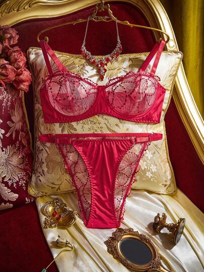 2pcs Wine Red Underwear Set, High Support Underwire, Gather & Lift, Embroidery, Vintage Romantic, Plus Size