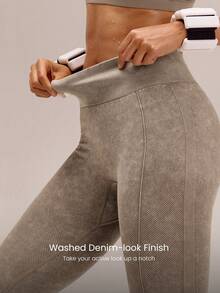 GLOWMODE Quần legging dài 24 inch, siêu mềm, không đường may, cạp cao, chất liệu giả denim, hoàn thiện kiểu wash, thích hợp cho tập luyện, chạy bộ, thể dục, tập gym, thể hình, hoạt động thể thao. - Màu Khaki - Xem 3