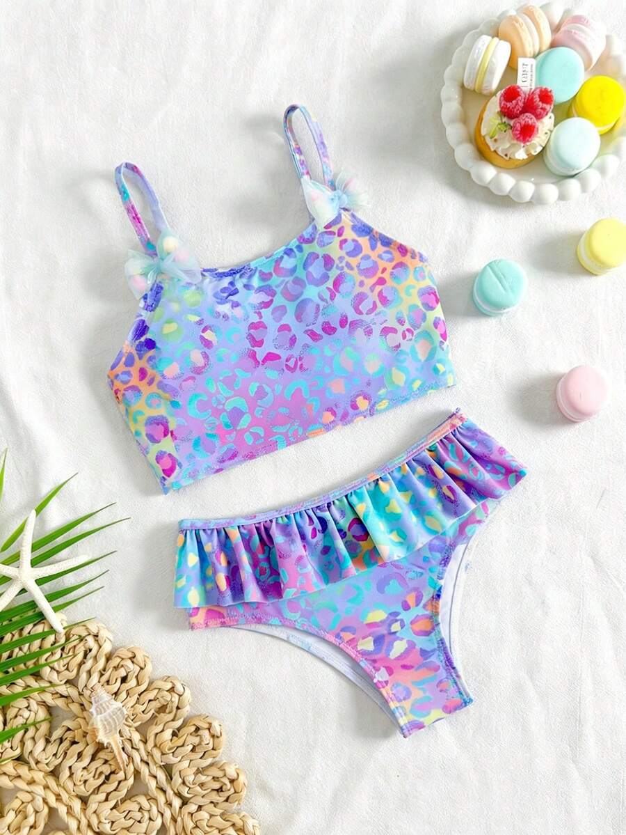 Young Girl Summer Beach Cute Colorful Leopard Digital Printing Butterfly Decor Pants With Ruffles Edge, Swimwear Set - Multicolor - View 1