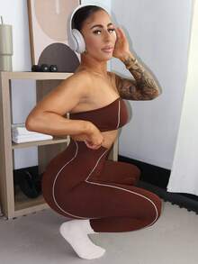 SAYEHFBABY Conjunto deportivo sin costuras a rayas rosa, conjunto de top corto y leggings marrón, conjunto de dos piezas marrón, conjunto de yoga marrón, conjunto de entrenamiento sin tirantes, conjunto de entrenamiento sin costuras, conjunto de dos piezas marrón, conjunto de entrenamiento sin tirantes marrón, conjunto atlético marrón, conjunto de mallas marrón para mujer, conjunto de activewear sin tirantes marrón, conjunto de mallas de dos piezas marrón - Café integral - Ver 5