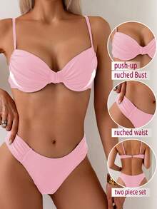 Swim SPRTY Women's Black Sexy Supportive Ruched Tankini Top And Bikini Bottoms 2 Pieces Swimwear Set, Summer Beachwear - Pink - View 6