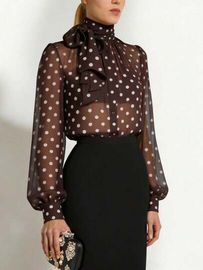 Briarwyn Vintage Elegant Polka Dot Collar Tie Neck Mesh Blouse,Elegant Women's Blouses ,Summer Tops,Vacation Outfits Women