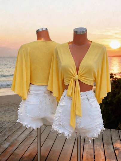 Lunelith SHEIN Lunessa Women's Solid Color Cropped Front Tie Cardigan, Suitable For Vacation