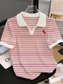 Resyla Plus Size Women's Casual Pink Striped Short Sleeve T-Shirt - Multicolor - View 1