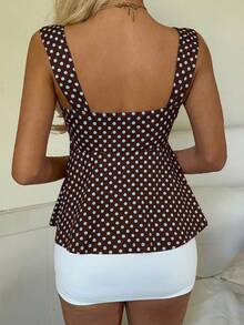 SHEIN CovetEZ Áo hai dây buộc eo xếp ly màu nâu sô cô la và chấm bi xanh dương dành cho nữ - Màu nâu Sô-cô-la - Xem 5