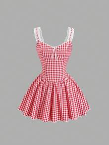 Sweetra Đầm ngắn kẻ caro đỏ ngọt ngào dành cho nữ, thích hợp cho mùa hè. - Đỏ và trắng - Xem 3