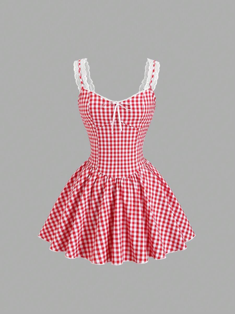 Sweetra 女士甜美红色格子迷你连衣裙，夏季 - 紅白色 - 查看 1