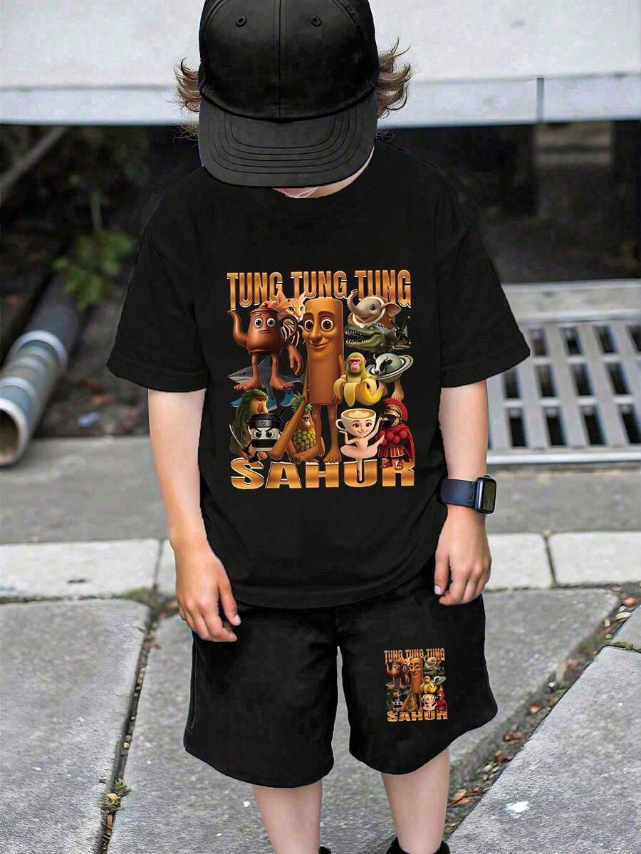 Young BoyBasic Short Sleeve T-Shirt + Black Shorts Set - Multi-Color - Black - View 1
