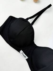 Lowkey Lull Women's Solid Color Letter Patched Bra & Panty Underwear Set - Black - View 4