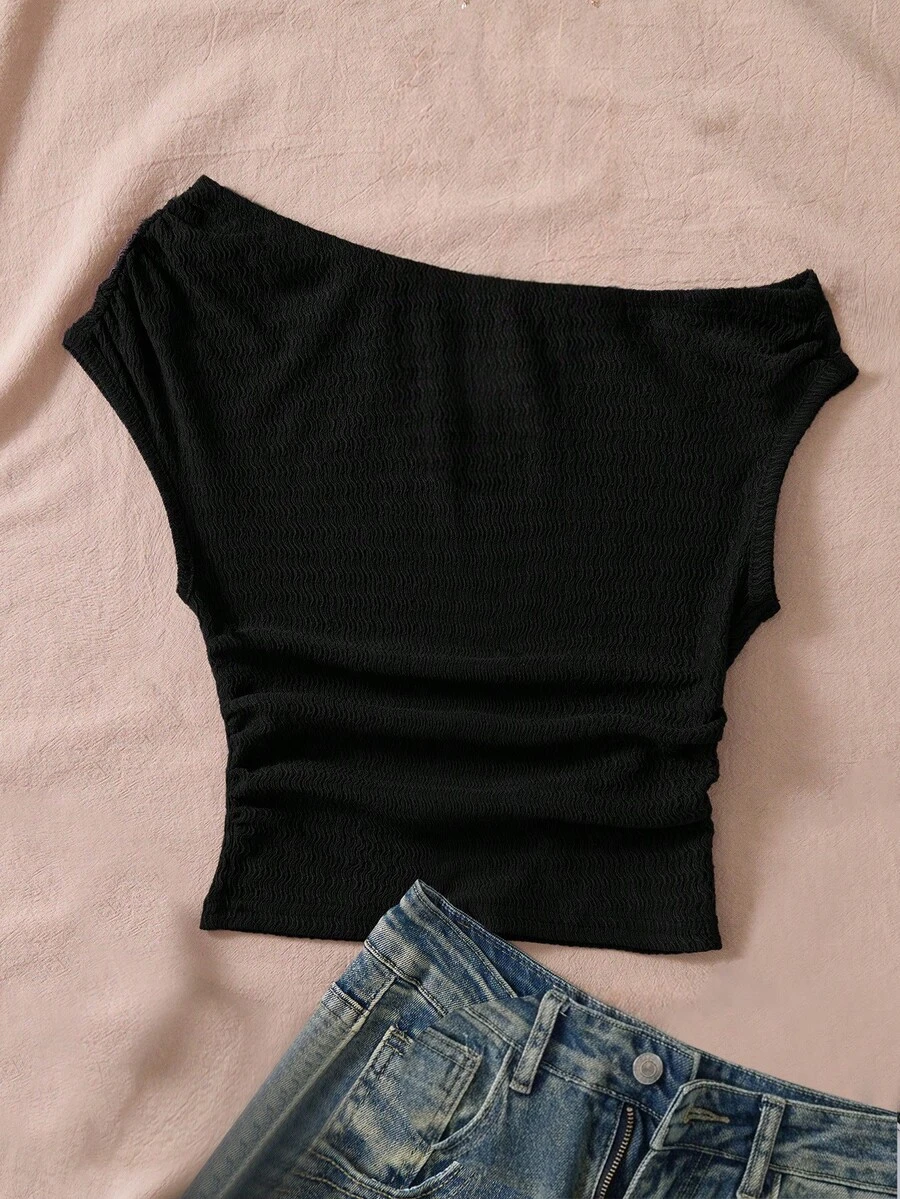 SHEIN 少女休闲时尚纯棕色纹理针织不对称肩部背心 - 黑色 - 查看 1