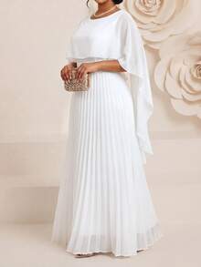 Fleurora Spring And Summer Elegant Commuting Office Party Wedding Cocktail Party Concert/Music Festival White Woven Chiffon Round Neck Flared Lace Up - White - View 6