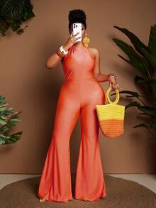 Maweii Plus Size Coral Orange Backless Sexy Halter Design Floral Decor High Waist Jumpsuit, Vacation Style - Coral Orange - View 4