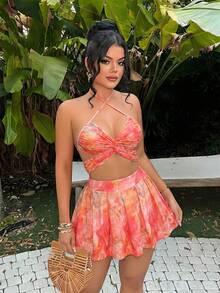 SHEIN SXY 女士全印花露背上衣和迷你裙性感两件套 - 粉色 - 查看 5