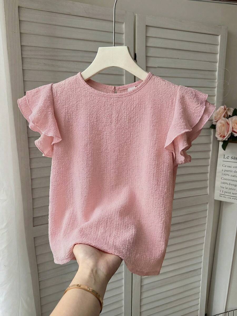 SHEIN 青少年女孩粉色夏季優雅校園風白色紋理梭織圓領抓皺荷葉邊飾飛袖修身休閒上衣，度假風，返校，隨性 - 粉色 - 查看 1