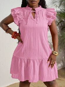 Slaydiva Vestido de talla grande de unicolor con cuello de corbata, mangas con volantes y dobladillo con volantes, vestido de verano - Rosa Pálido - Ver 10