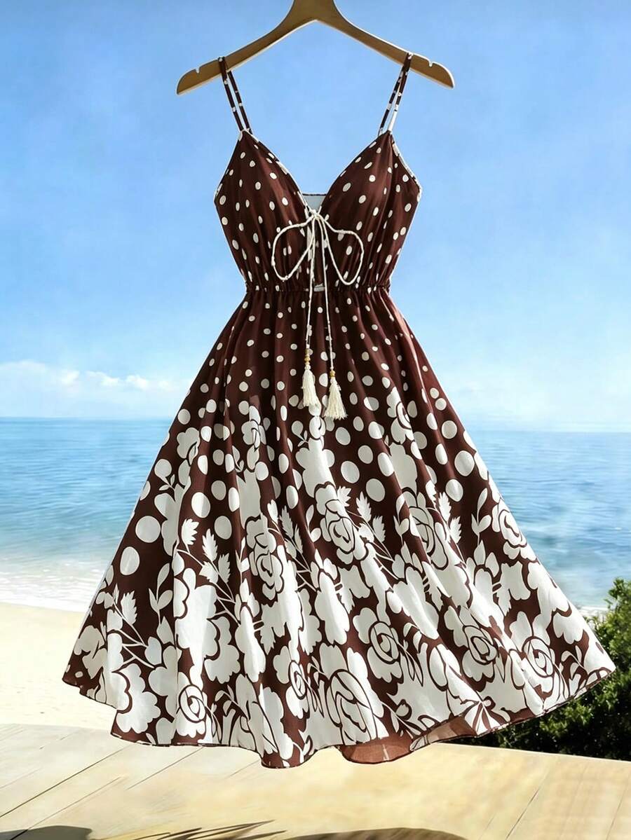 Franclia Đầm hai dây thanh lịch dành cho nữ, đầm đi nghỉ mát, đầm chấm bi, đầm họa tiết, đầm in hoa, đầm xuân/hè, đầm đầu thu. - Cà phê nâu - Xem 1