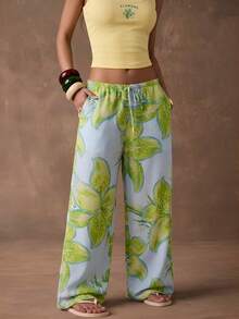 SHEIN BAE 女士休闲度假印花梭织宽松阔腿裤，适合休闲度假、海滩度假、朋友聚会、休闲外出、音乐节、乡村音乐节、印花裤、波西米亚风度假裤 - 哈密瓜黃 - 查看 6