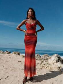 SHEIN Knitted Mesh Print Backless Dress For Women, Elegant Sexy Style, Suitable For Dates Golf And Night Outings Pastal Summer - Multicolor - View 5