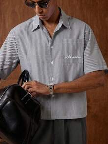 AKNOTIC Men's Letter Embroidered Striped Short Sleeve Single-Breasted Casual Pocket Shirt - Black - View 1