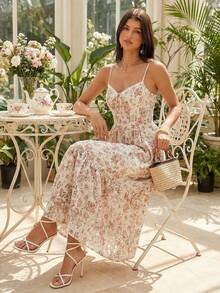 Enchnt Spring/Summer Women's Floral Print Ruffled Casual Sundress, French Dress,French Sun Dress,Exquisite Embroidered Floral Print Dress, Spring Dress, Wedding Guest Dress,, Casual Dress,Vacation Outfits Women - Multicolor - View 1