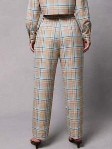 Hauture Retro Plaid Pocket Decor Straight Leg Pants - Blue - View 4