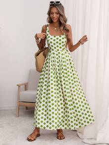 Florisole 女士U领宽肩带收腰褶裥露背可调节弹力A字中长连衣裙，浪漫大波点，优雅法式复古简约风，适合办公室、通勤、商务、休闲、海滩、春夏等场合。 - 綠色 - 查看 4
