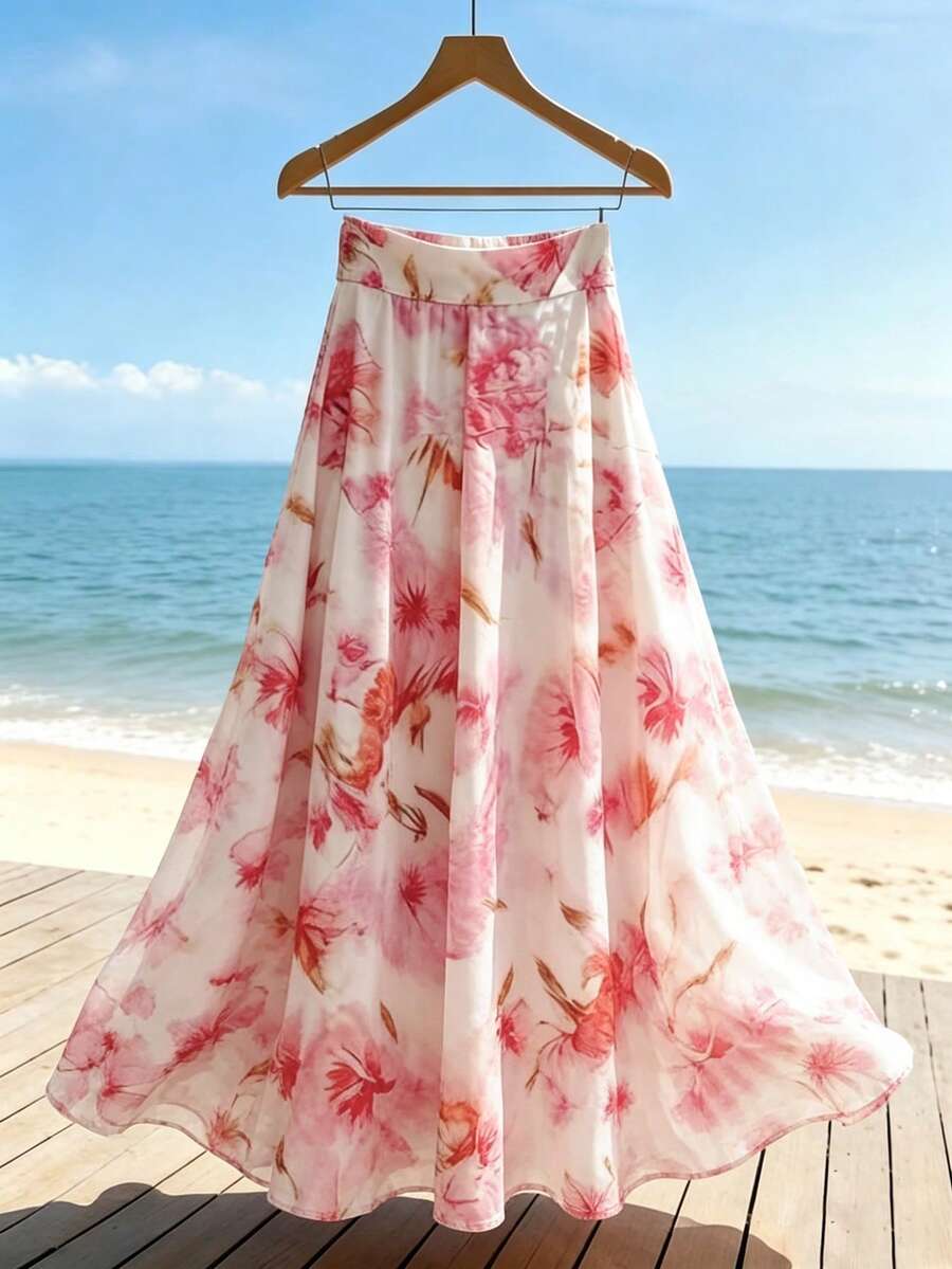 SHEIN Franclia 碎花高腰A字裙，白色底，粉色扎染花朵，轻盈飘逸，浪漫优雅，适合春夏外出或约会。 - 彩色 - 查看 1