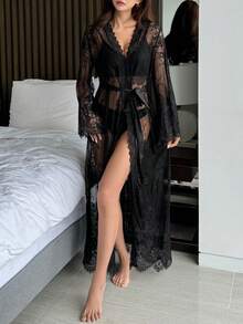 DAZY Lace Semi-Sheer Romantic Bell Sleeve Belted Robe Pajama - Black - View 7