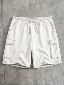 AXEPEAK Men's Plus Size Solid Color Single-Breasted Double Pocket Shirt And Drawstring Waist Loose Cargo Shorts Set - White - View 5