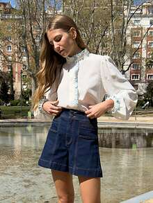 Nöista Quần short denim cạp cao có khóa cài đôi và đường may tỉ mỉ. Hai túi phía trước và phía sau. Thích hợp cho mùa xuân, hè, nữ. - Rửa tối - Xem 1