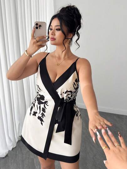 Elenzga Vestido de verano sin mangas con cuello en V talla grande, estampado floral, cintura ceñida, estilizador, vestido elegante para vacaciones