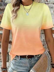 SHEIN LUNE 大码时尚彩色渐变数码印花休闲女式短袖圆领T恤，春夏款 - 彩色 - 查看 3