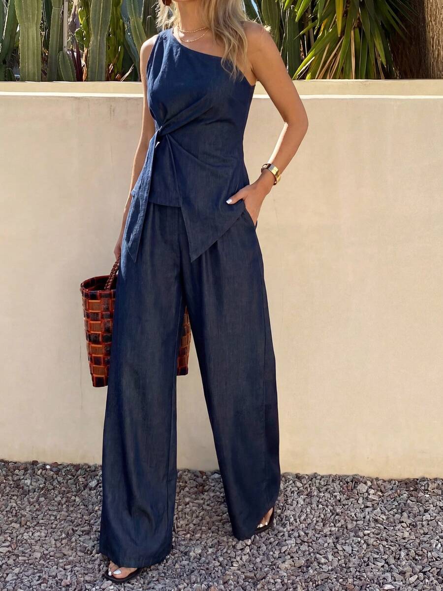 DAZY Women's Casual Elegant Asymmetric Neck Denim Set, Spring & Summer - Blue - View 1