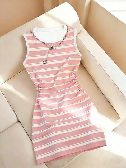 Girl & Teen Girls' White Line Print Sleeveless Dress, Suitable For Spring, Summer, Autumn, Casual Outings, Daily Wear, Minimalist Classic Fitted Waist Design