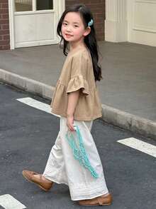 Dazy Kids 女童（小号）圆领针织短袖T恤，夏季 - 卡其色 - 查看 3