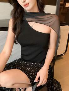Áo vest không tay phối lưới dành cho nữ, thắt eo, kiểu dáng thanh lịch cho kỳ nghỉ hè. - màu đen - Xem 7