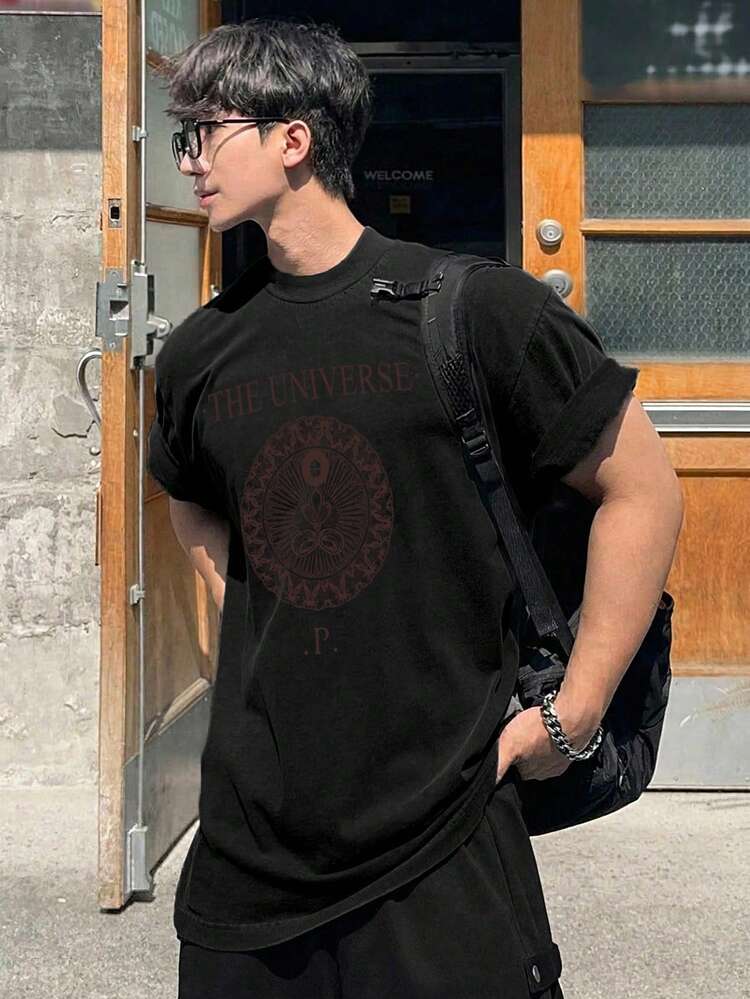 Black Short Sleeve Crew Neck Letter Print T-Shirt For Men
