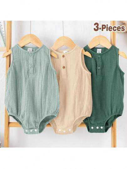 Loomiva 3pcs/Set Newborn Baby Boy Cute Solid Color Gauze Sleeveless Romper Basic Outfit, Summer