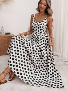 A-Line Midi Dress With Pleated Back, Fitted Waist, Wide Straps And U-Neck, With Back Adjustment, In A Romantic Style Of Large Polka Dots, Elegant Retro French Minimalist, Suitable For Office, Travel, Business, Casual, Beach, Resort, Spring/Summer - 黑白 - 查看 3