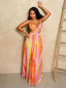 Women's Sexy Vacation-Style Tie-Up Cutout Design Cami Dress - Multicolor - View 5