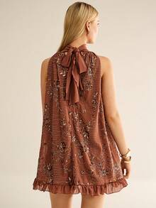 CielaLinda Damen Neckholder Pailletten Mini Kleid Ärmellos Chiffon Kleid - Braun - Übersicht 2