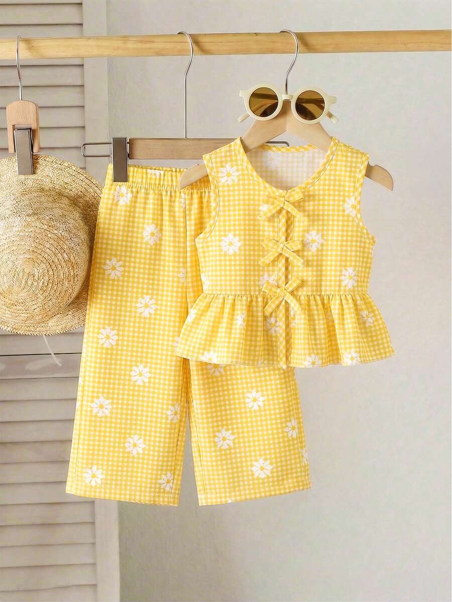 SHEIN Playful Pals 2件套女婴幼儿/新生儿0-3岁春夏休闲甜美日常度假条纹梭织无袖上衣和阔腿裤两件套 - 黃色 - 查看 1