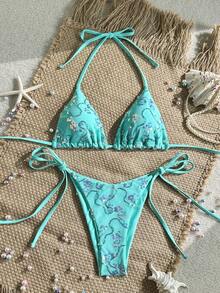 Costavie Swim Mod-D 两件套彩色亮片特殊面料三角罩杯文胸和侧系带泳裤性感比基尼套装，春夏款绿松石色比基尼，蓝绿色比基尼，闪光比基尼，蓝绿色系带比基尼套装，亮片比基尼，假日绿松石色亮片比基尼，蓝绿色亮片比基尼，女士比基尼套装，女士泳衣，全包覆式女士泳装套装，女士泳衣，女士两件套 - 薄荷藍 - 查看 5