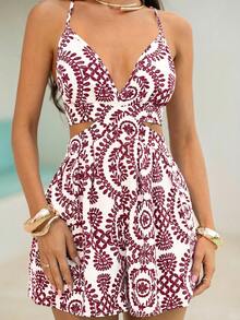 SHEIN SXY Backless Hollow Out Retro Print Boho Jumpsuit - Multicolor - View 6