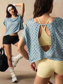 VARSIVA Polka Dot Print Hollow Back Loose Fit Sports T-Shirt - Multicolor - View 8