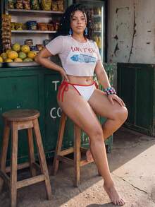 Swim Mod 2026 Plus Size Women Printed Triangle Bikini Top With Mesh Lining, Casual Sexy Bikini Set, Suitable For Beach Vacation And Summer Wear, Plus Size Camisole Bikini - Multicolor - View 5