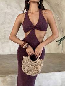 Aloruh Women's Backless Fitted Bodycon Dress, Sexy Wine Red Vacation Outfit, Suitable For Music Festival, Bohemian, Party, Ball - Burgundy - View 4