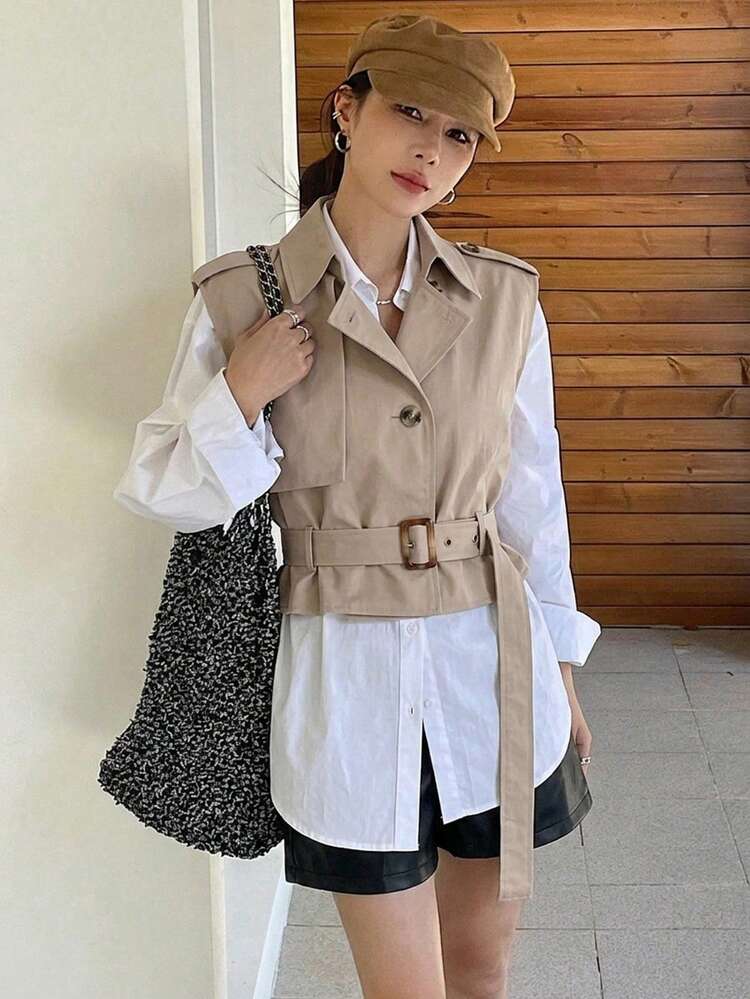 Solid Color Front Button Waist Tie Sleeveless Jacket, Spring/Summer Business Casual Woman
