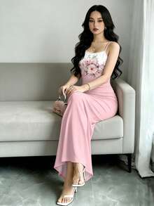 Modelyn 花卉渐变印花吊带连衣裙，女士时尚性感吊带修身长裙，粉色花卉图案紧身鱼尾裙，夏季吊带连衣裙，适合日常穿着和夏季度假 - 彩色 - 查看 3