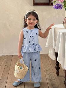 Emery Rose Kids Emery Rose Kids 两件套少女格子圆领修身休闲上衣和宽松休闲裤套装 - 藍色 - 查看 6